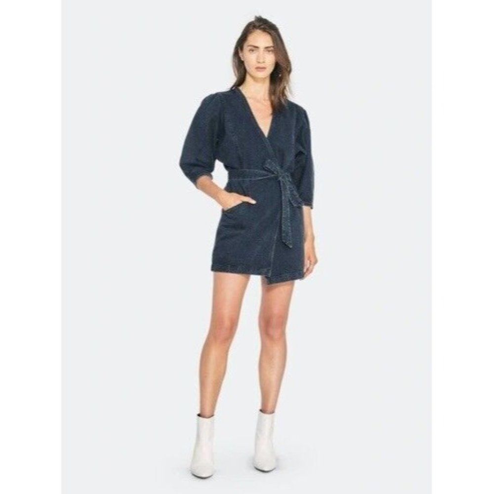 NEW IRO WOMENS FAIRLIE V NECK DENIM WRAP MINI DRESS IN USED BLACK SIZE 34 XS